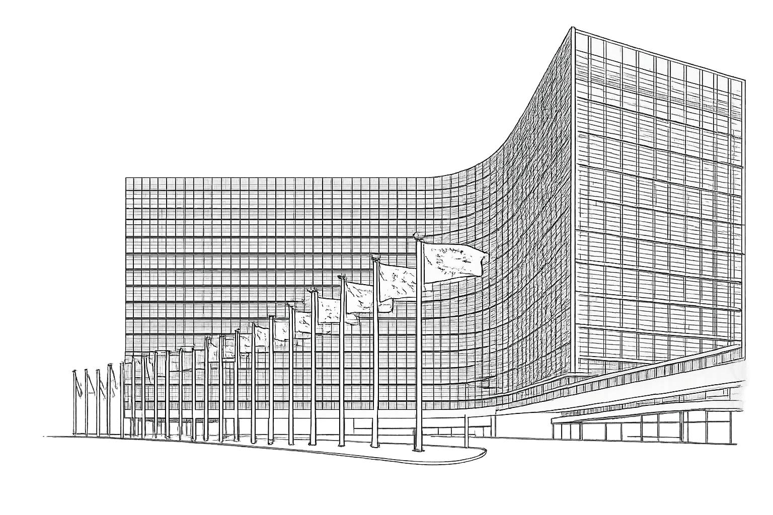 Illustrated European institutional building with a row of flags