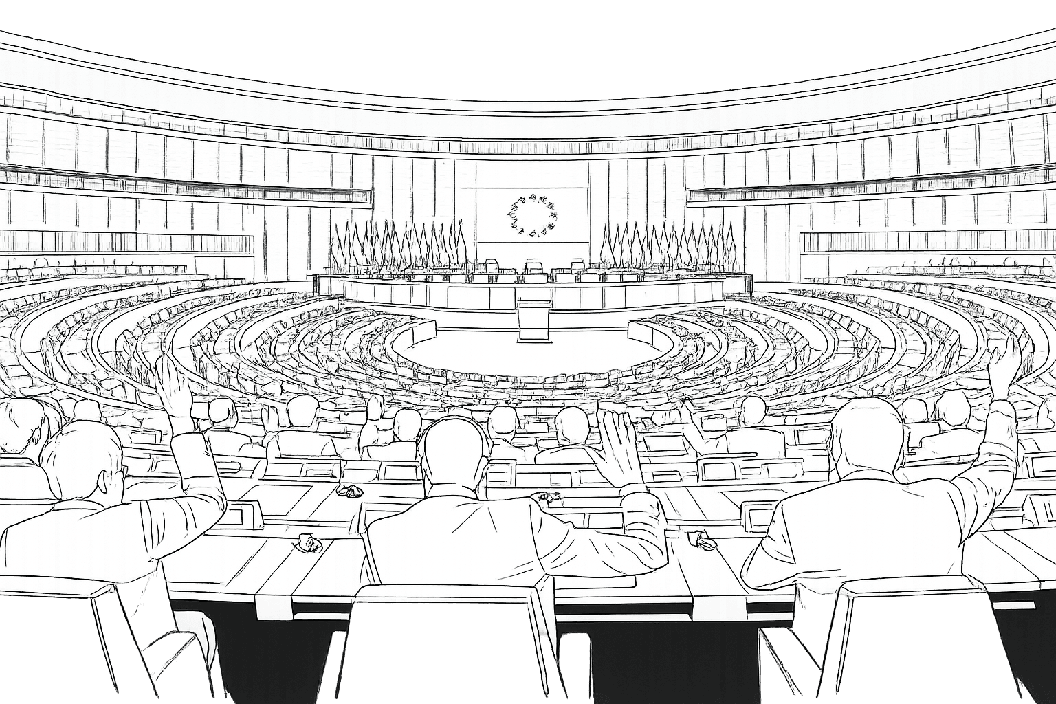 Illustrated European Parliament building in black and white